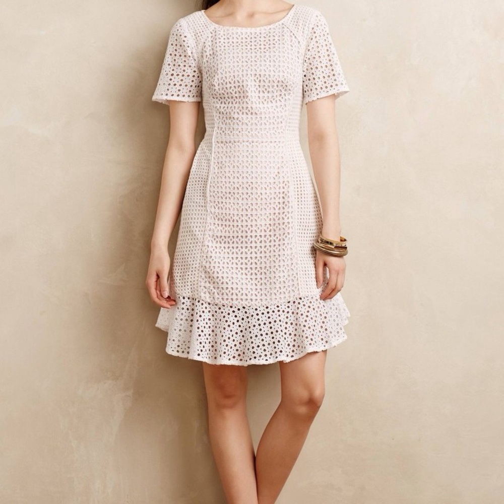 Anthropologie White Eyelet Lace Mini Dress Romantic Bridal Shower Size 4